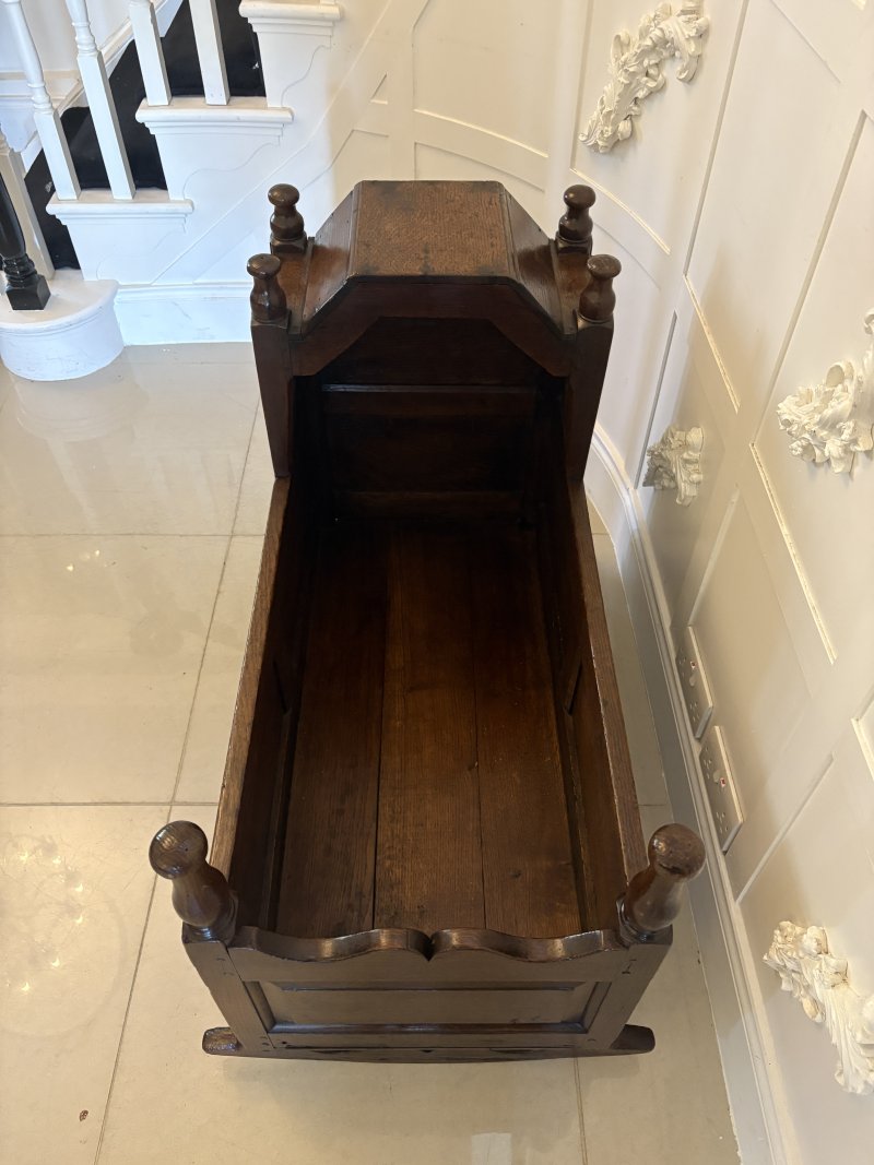 Antique William and Mary Quality Oak Panelled Rocking Crib - Image 11